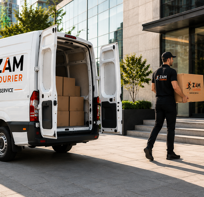 Worker with tablet near delivery truck